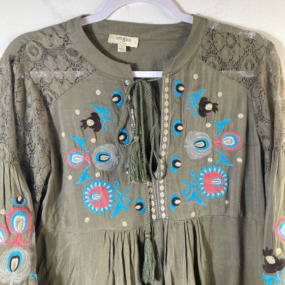 Womens Umgee V Neck Embroidered Tunic Dress Olive Green S Cotton Poly - Picture 3 of 9